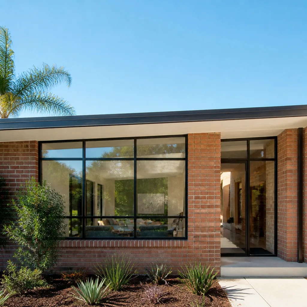 Modern home exterior with professionally installed black-framed windows and doors